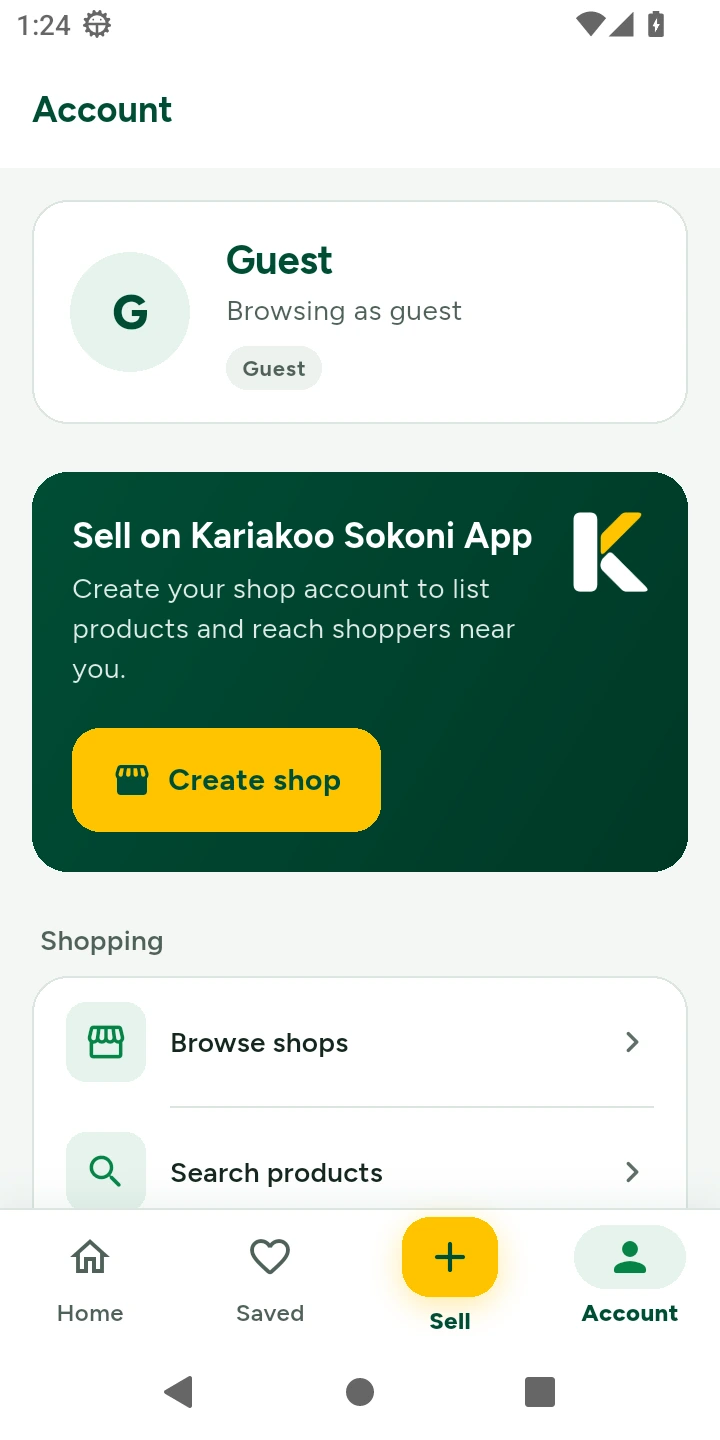 Kariakoo Sokoni app account screen