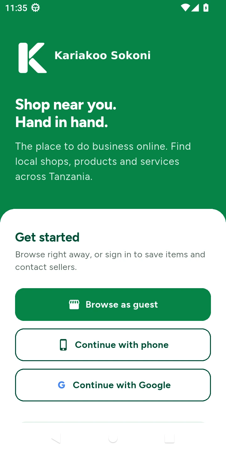 Kariakoo Sokoni app welcome screen